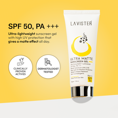 Enjoy ultra-lightweight sun protection with Lavister's Ultra Matte Sunscreen Gel. Order now!