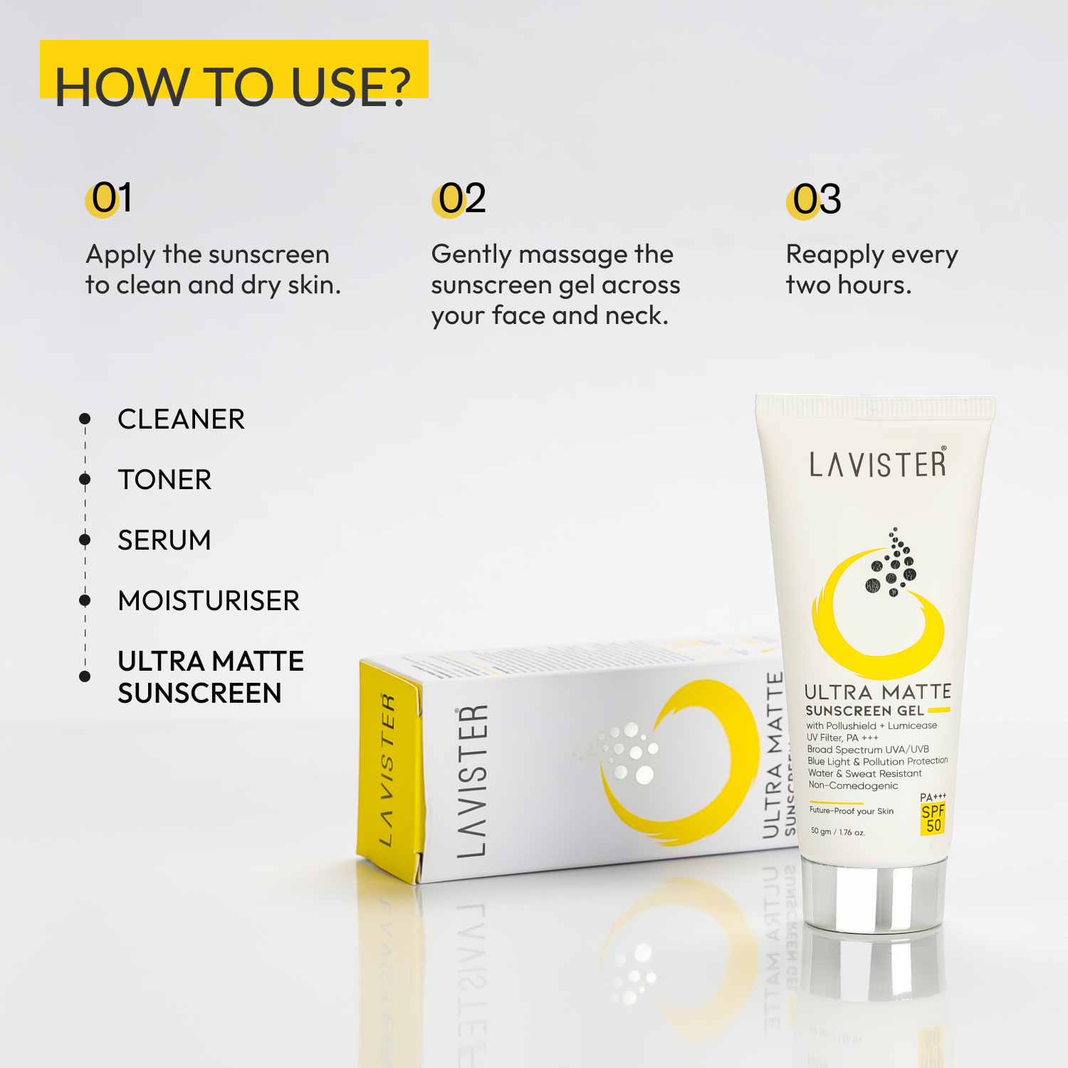 Protect your skin with broad-spectrum SPF 50+ using Lavister's Ultra Matte Sunscreen Gel.